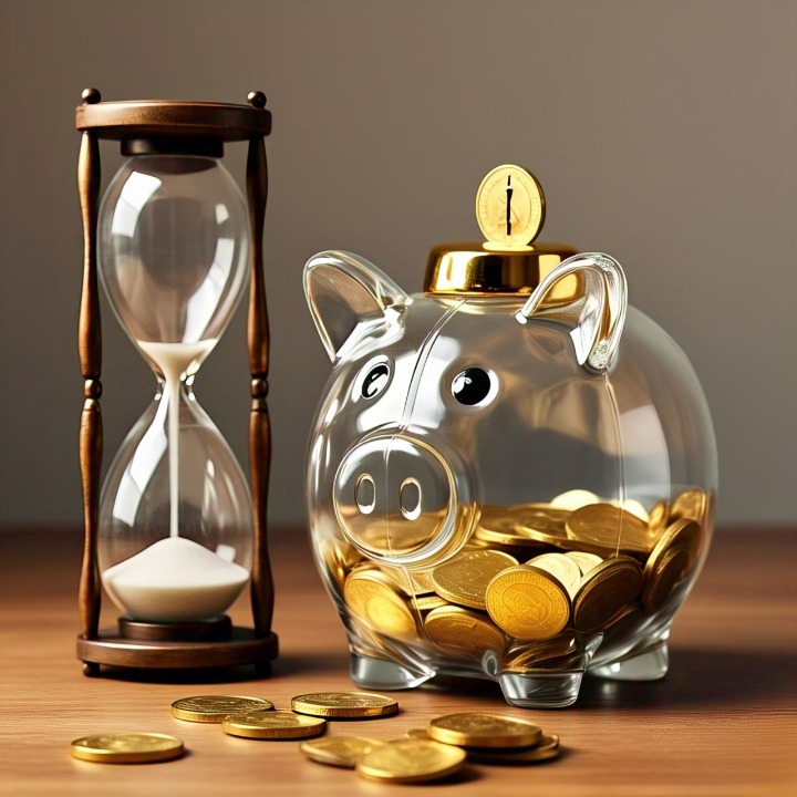 piggy bank with hour glass next to it